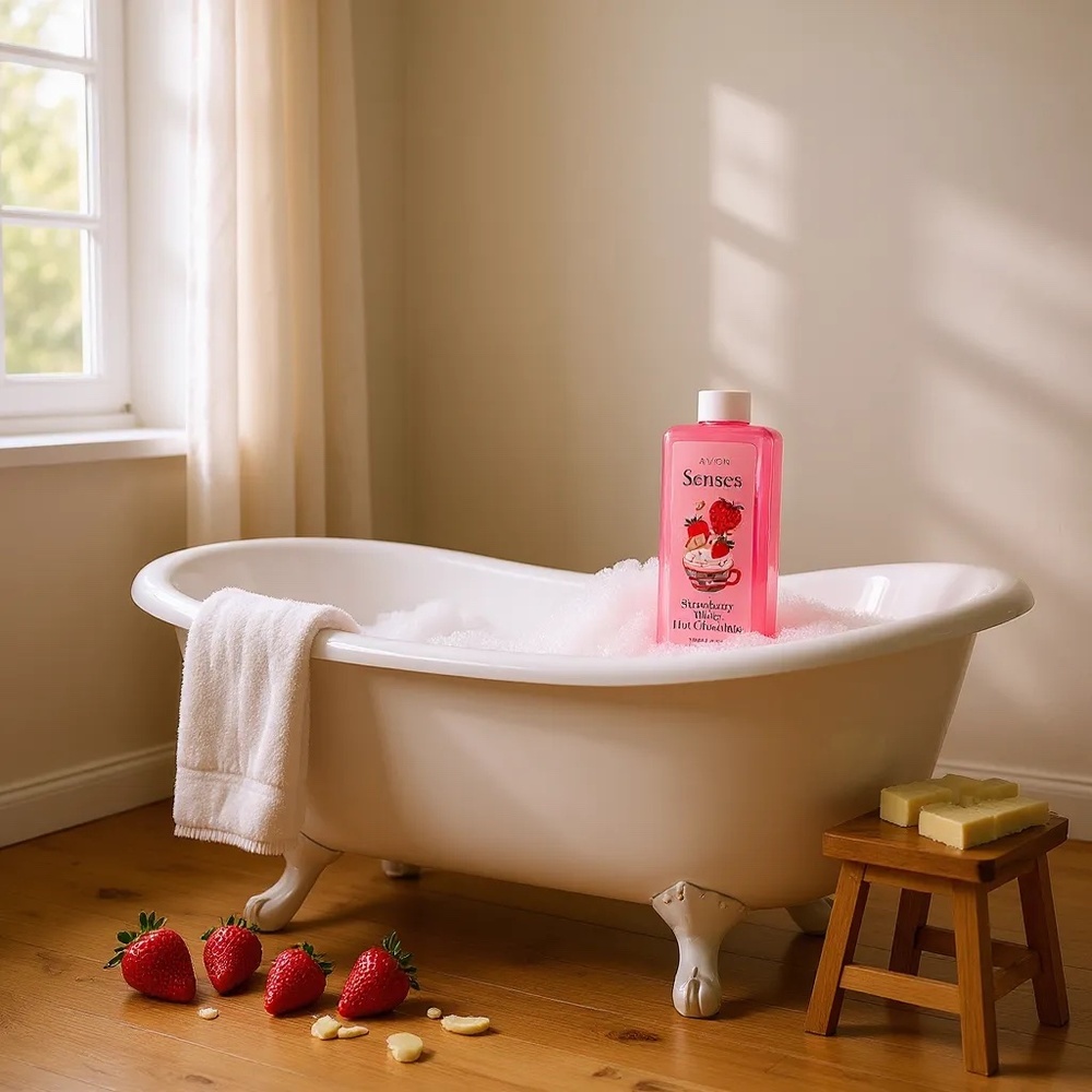 AVON Senses Strawberry & White Hot Chocolate 16.2 Fluid Ounces Bubble Bath